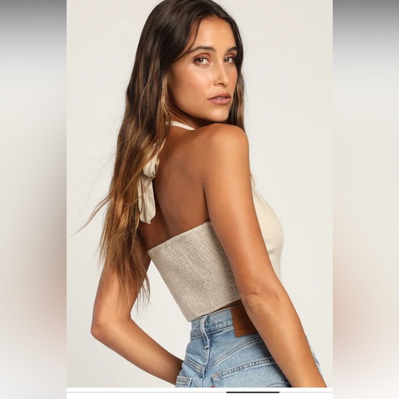 Lulus Double Digits Beige Linen Halter Crop Top - Picture 4 of 7